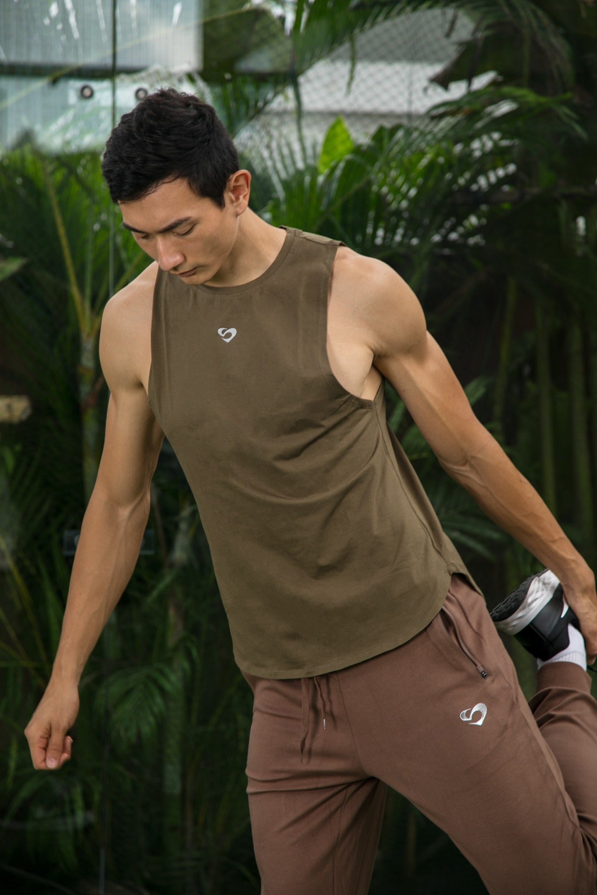 Men's Tank Top with Mesh Panel Olive Green