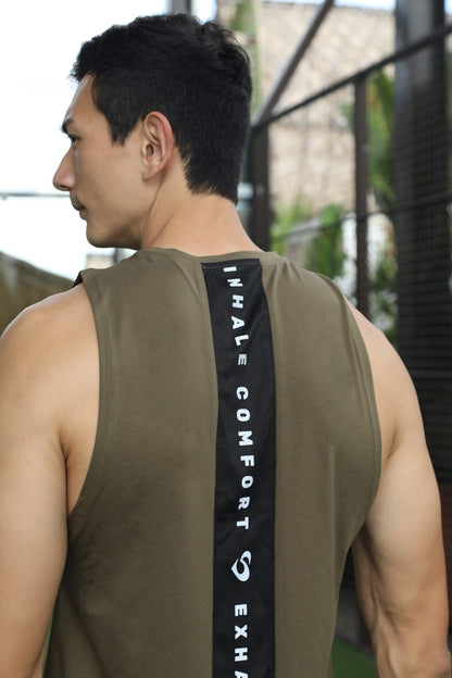 Men's Tank Top with Mesh Panel Olive Green Back