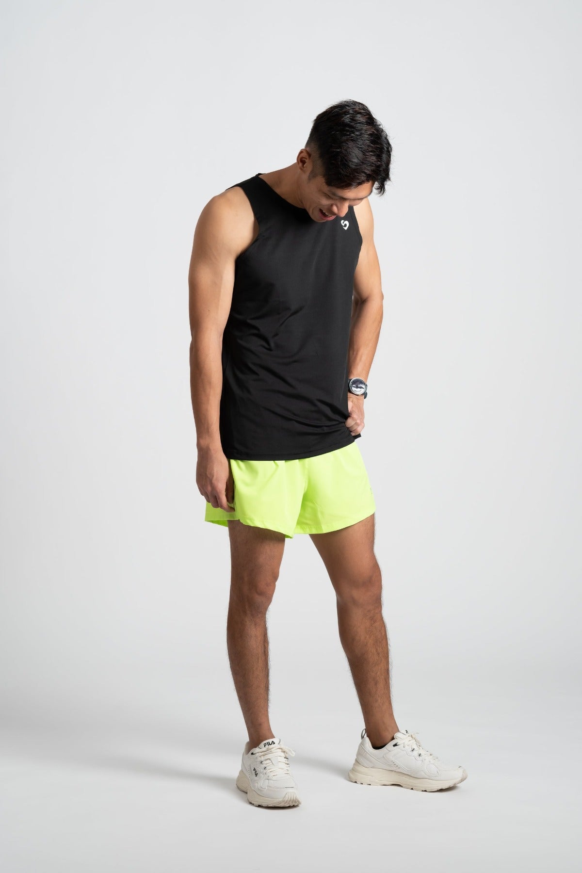 Men's lime green running shorts, back zip pocket